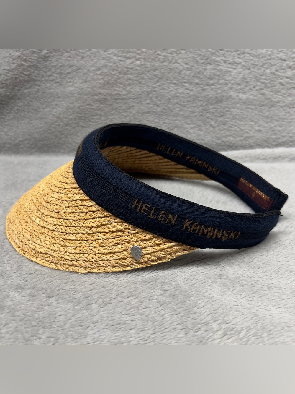 Helen Kaminski Bianca Logo Visor Natural Raffia Navy Slide-On One Size Hat - Picture 3 of 7